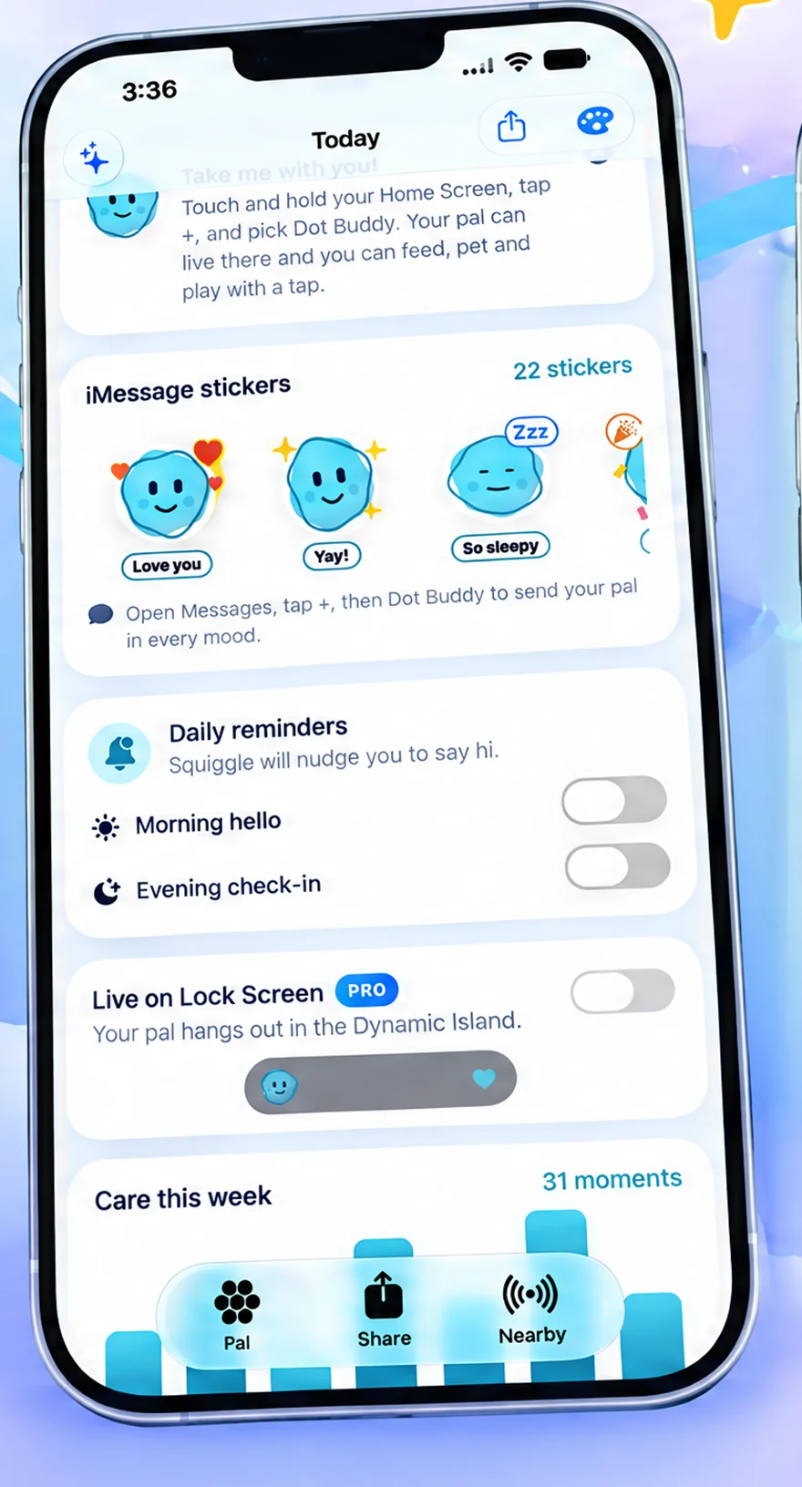 Dot Buddy’s everyday extras: a Home Screen widget, iMessage stickers, daily reminders, and Pro Lock Screen presence.
