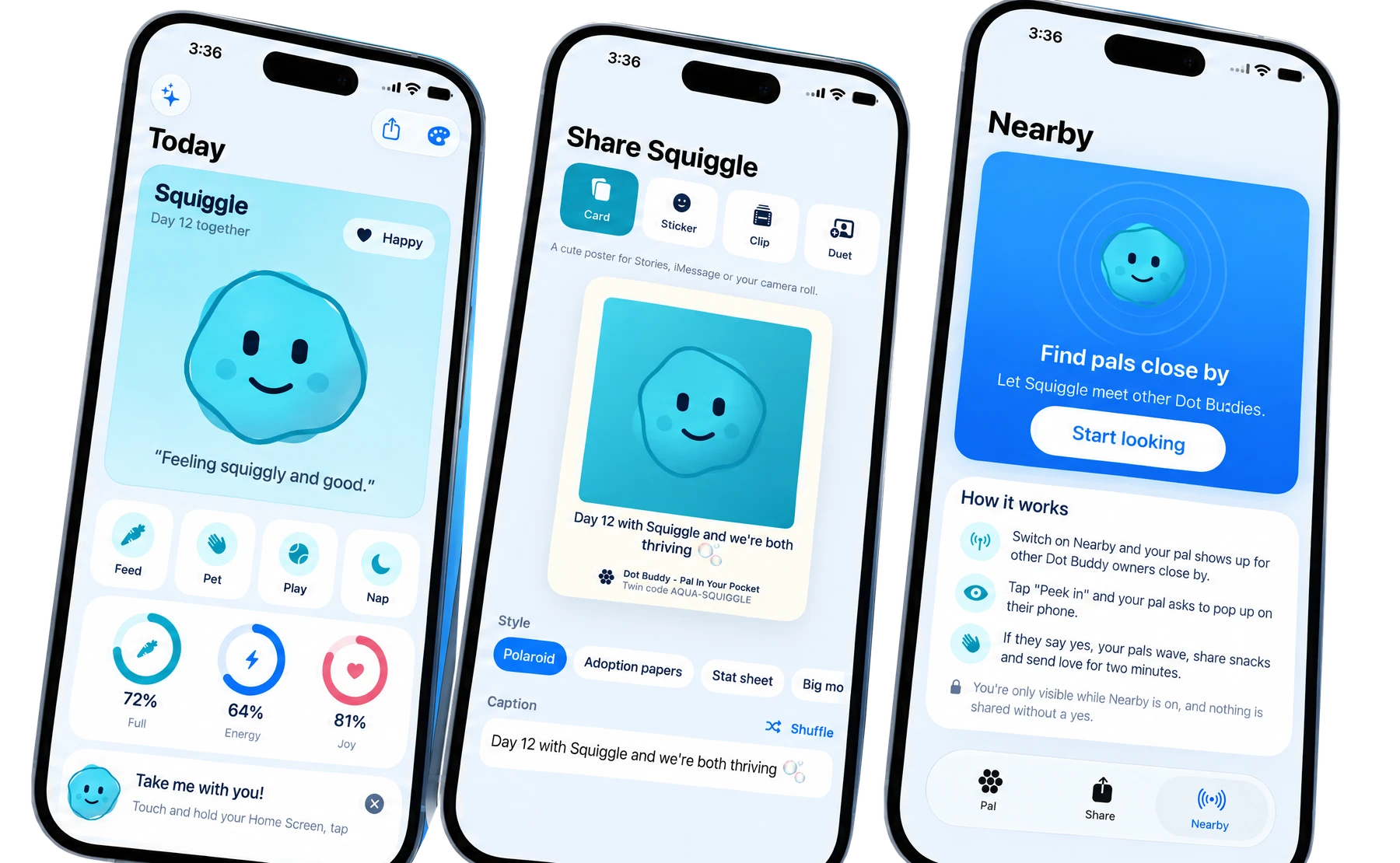 Dot Buddy app previews: care for Squiggle, share a happy moment, and find pals nearby.