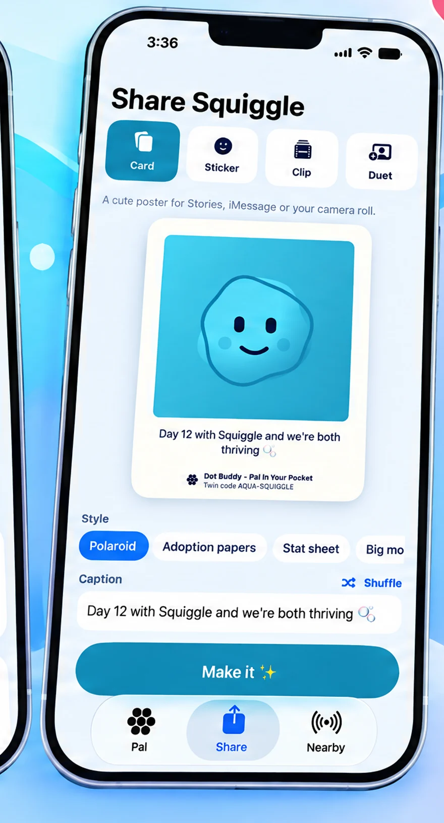 The Share Squiggle screen with a Polaroid-style card, a custom caption, and other sharing styles.